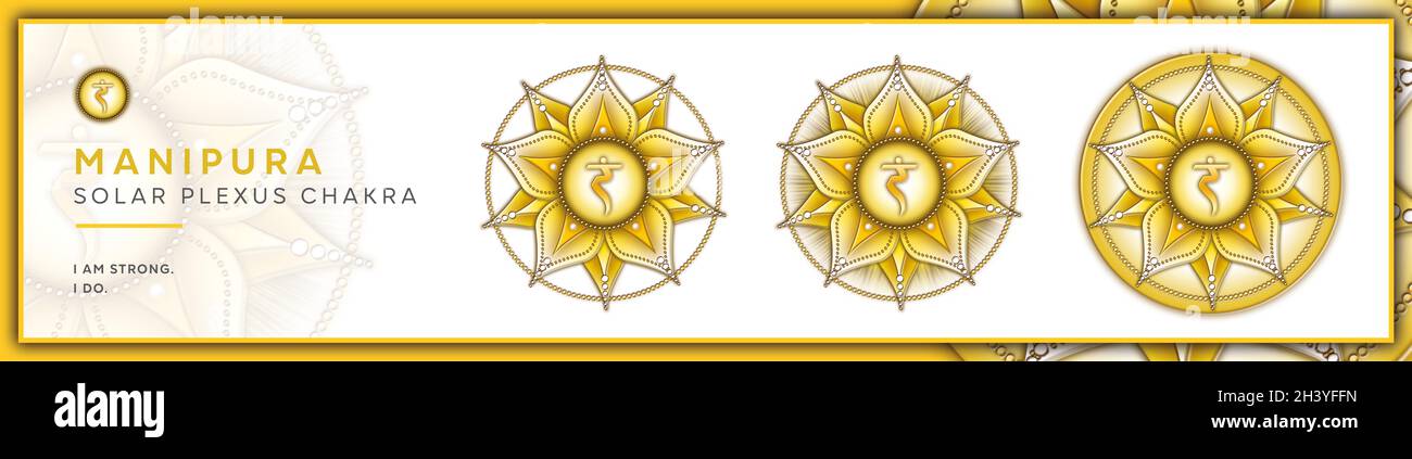 Chakra-Symbole, Solar Plexus Chakra - MANIPURA - Stärke, Persönlichkeit, Macht, Entschlossenheit - 'Ich TUE' Stockfoto