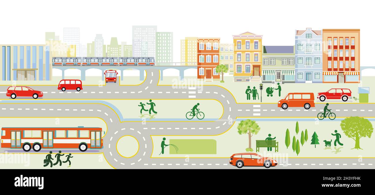 Straßen mit Autos Fußgänger und Häuser Illustration Stockfoto