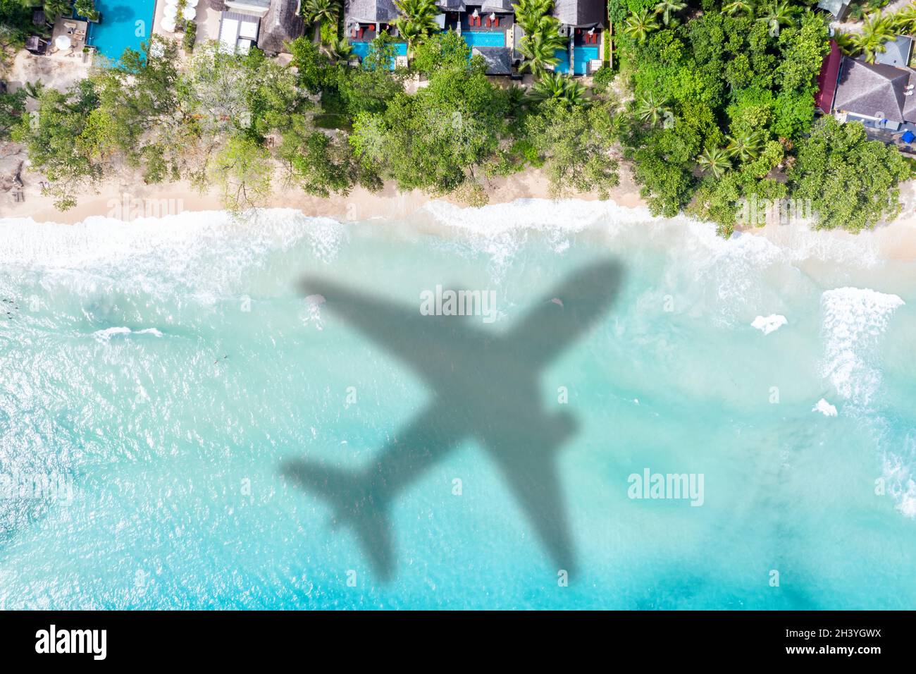 Reise Urlaub Meer Reise Symbol Bild Flugzeug fliegen Seychellen Luftbild Strand Wasser Stockfoto