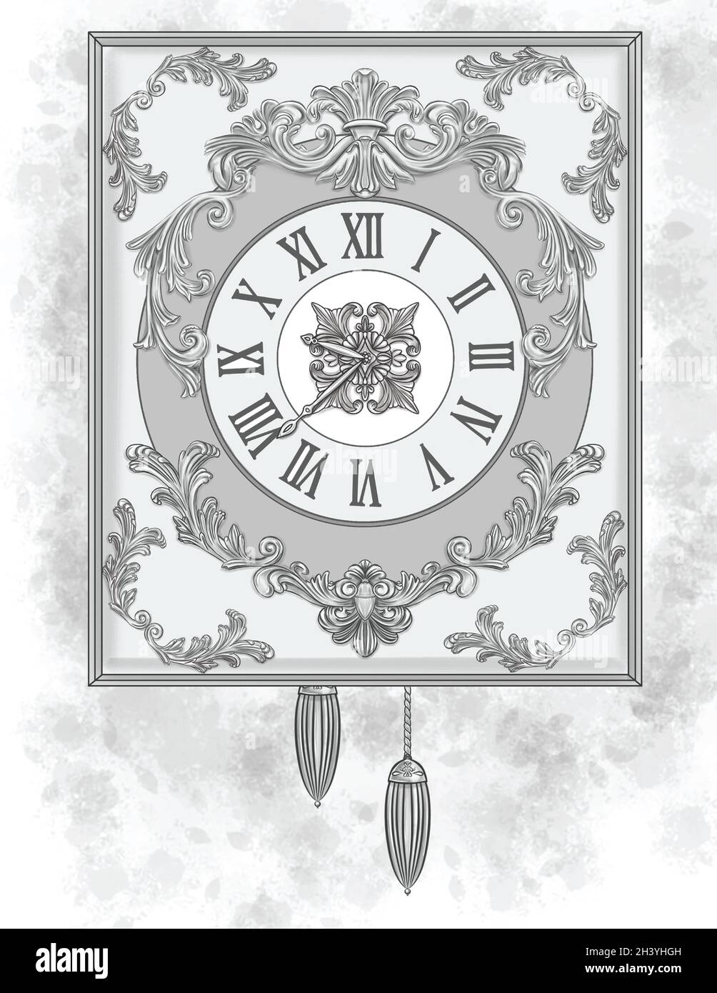 Große Klassische Uhr Mit Schönen Schnitzereien Designs Farblose Linienzeichnung. Vintage Wanduhr mit geschnitztem Design C Stockfoto