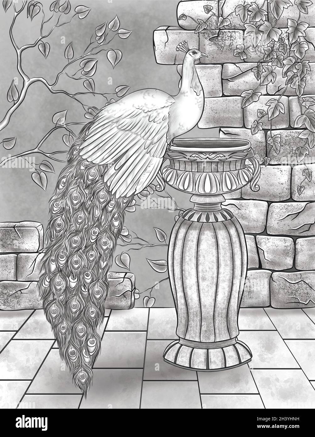 Schöner Pfau, der auf Einem Wasserbecken mit gebrochenen Wänden und farblosem Liniendiagramm der Reben ruht. Hübsches Peafowl, das auf Einer Vase steht Stockfoto