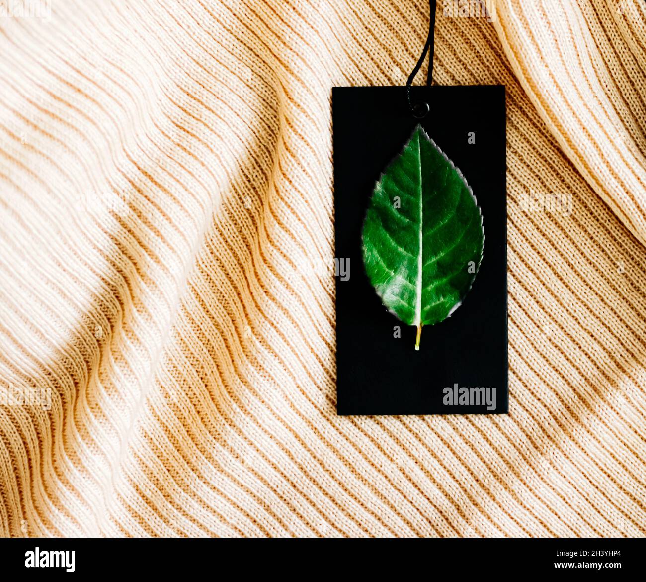 Naturstoff und grünes Blatt auf Preisschild als umweltfreundlicher Flatlay-Hintergrund, nachhaltige Mode und Markenlabel-Konzept Stockfoto