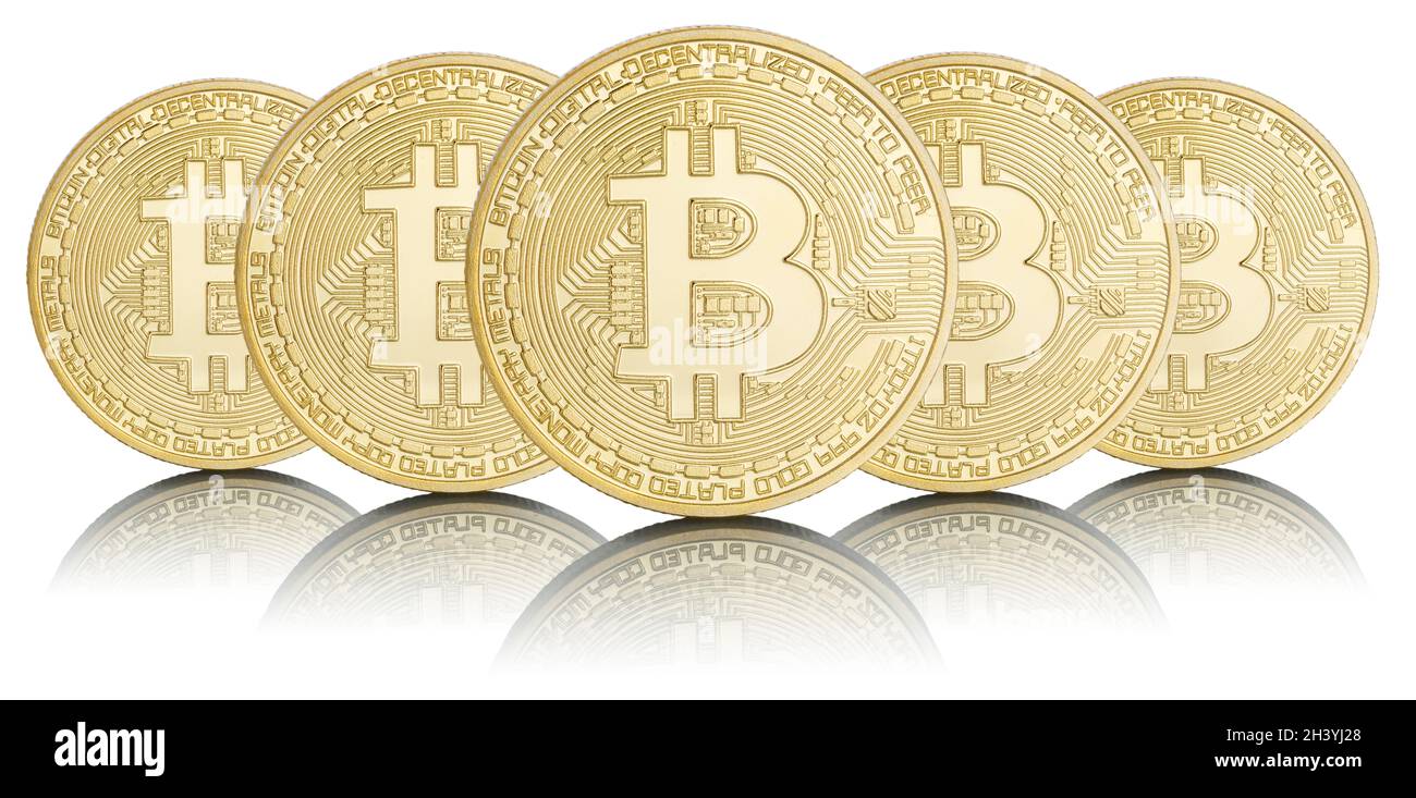Bitcoin Krypto Währung online zahlen digitales Geld Kryptowährung Wirtschaft finanzieren in einer Reihe befreit Stockfoto