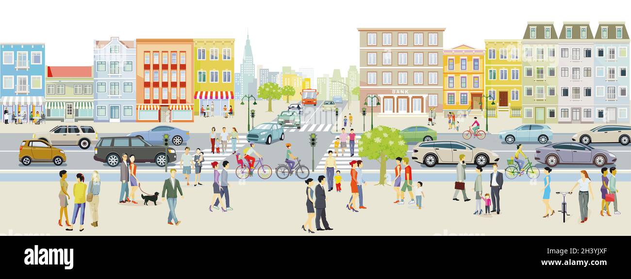 Stadtbild mit Straßenverkehr und Menschen auf dem Bürgersteig, Illustration Stockfoto