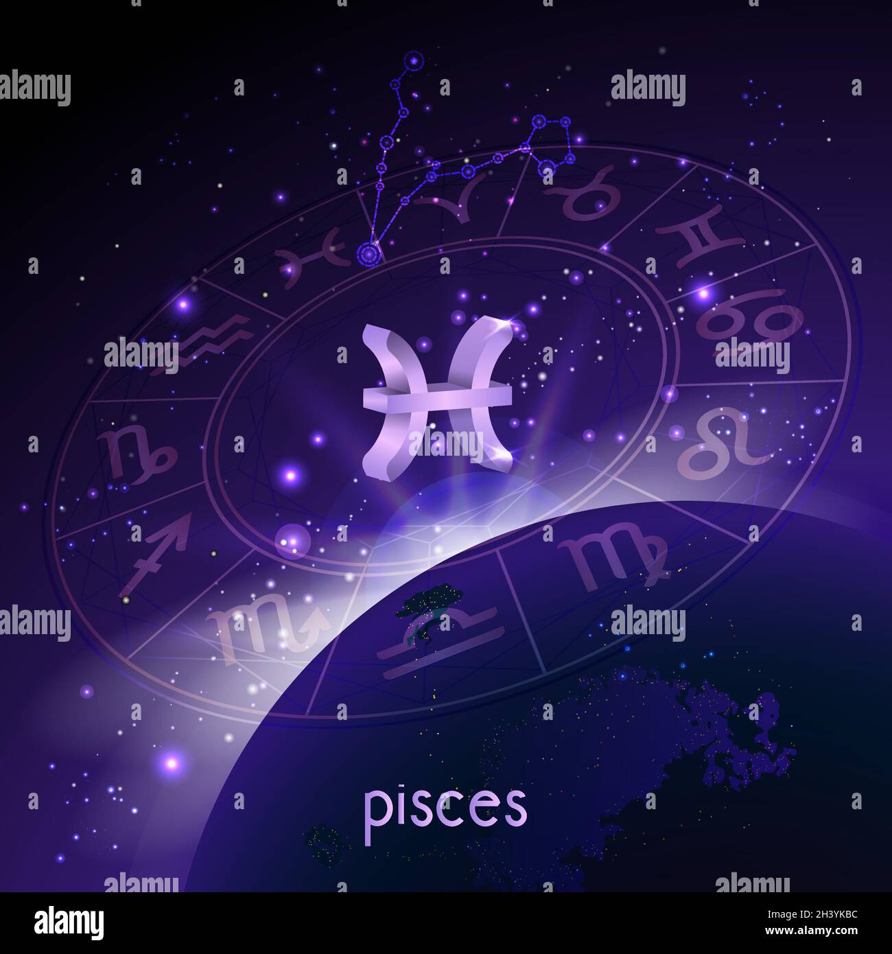 Vektordarstellung von 3D-Zeichen und Sternbild FISCHE mit Horoskopkreis perspektivisch vor dem Weltraumhintergrund mit Sonnenaufgang und Erde. Stock Vektor