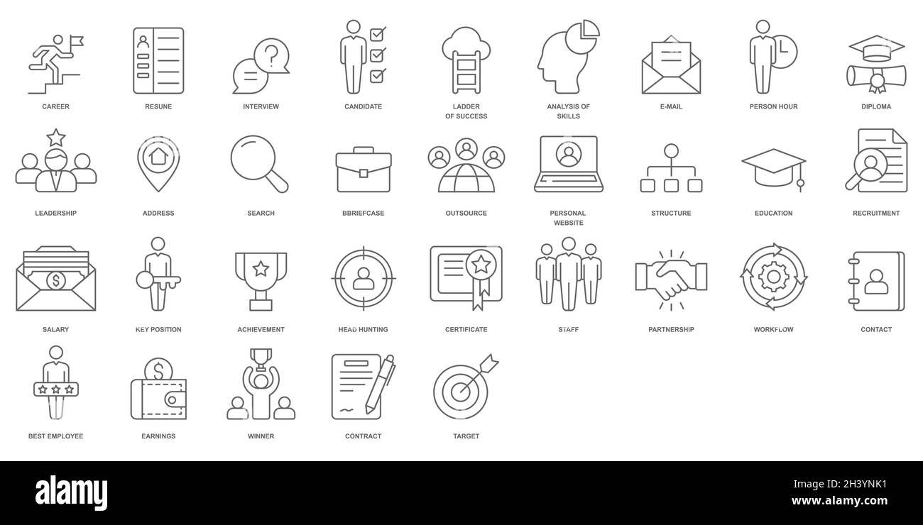 Headhunting und Recruiting mit minimalen dünnen Linien und Glyphen-Websymbole. Darunter die Symbole „Bewerbungsgespräch“, „Karriereweg“, „Lebenslauf“ und mehr. Gliederung und gl Stock Vektor