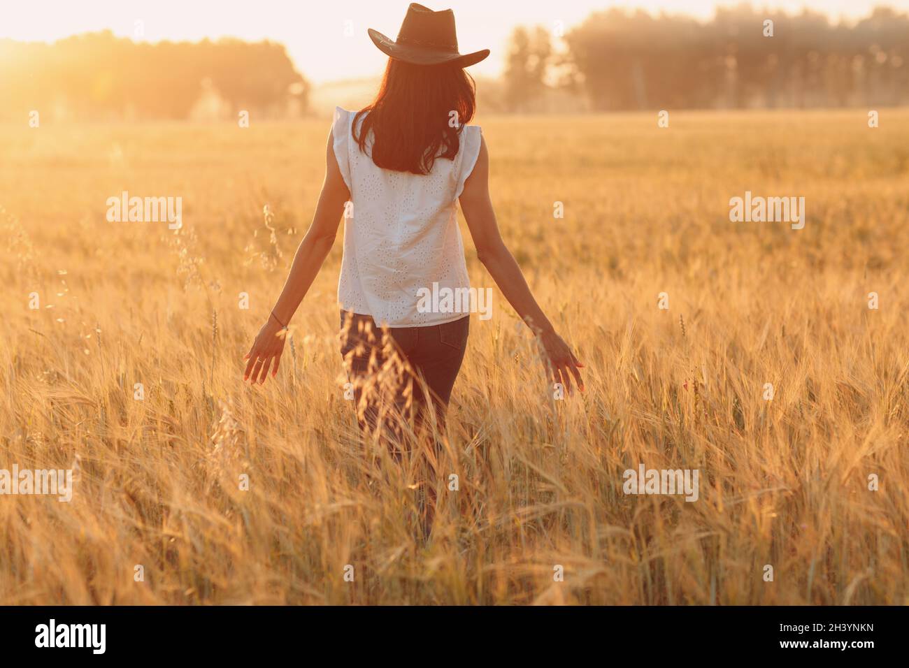 Frau Bäuerin im Cowboyhut, die mit Händen auf Ohren geht Bei landwirtschaftlichem Weizenfeld am Sonnenuntergang Stockfoto