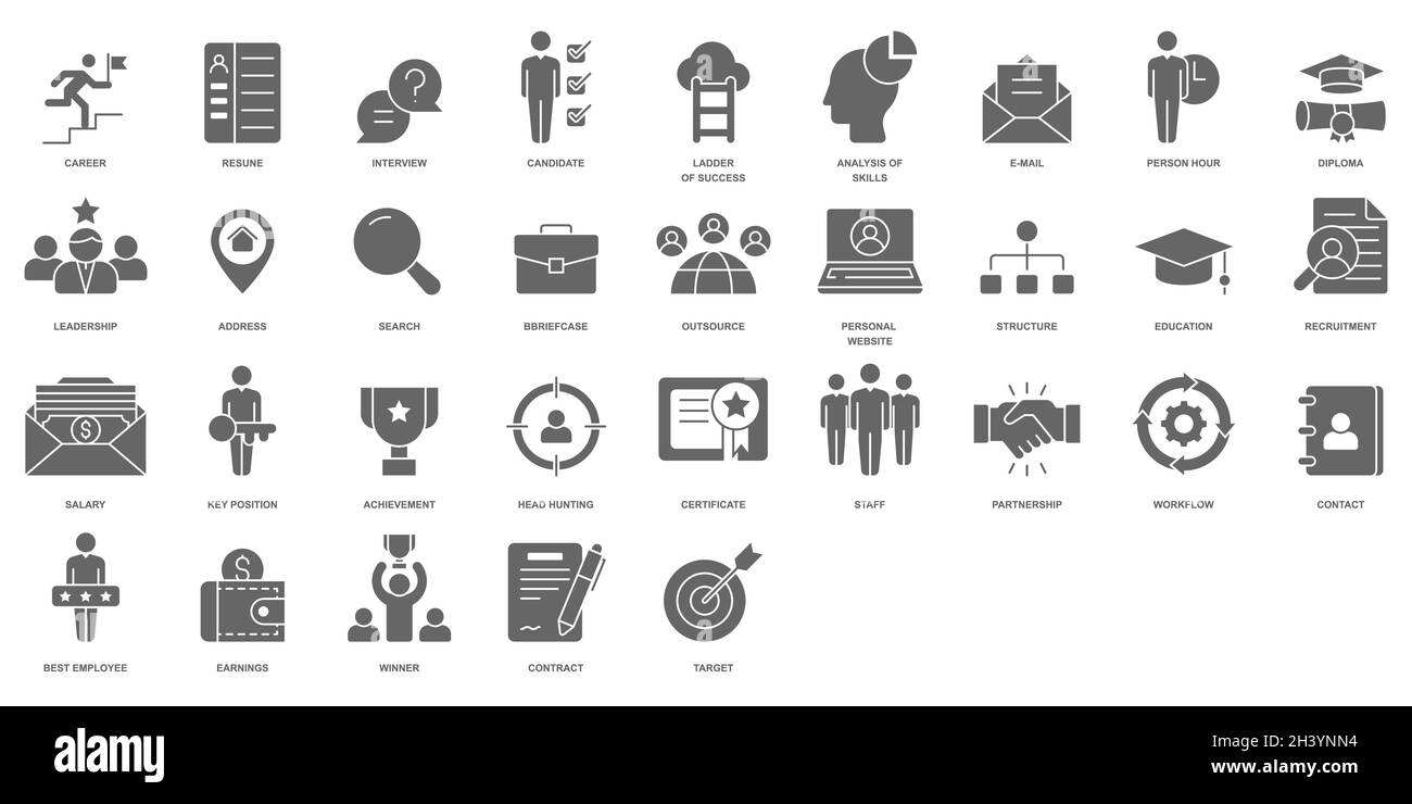 Headhunting und Recruiting mit minimalen dünnen Linien und Glyphen-Websymbole. Darunter die Symbole „Bewerbungsgespräch“, „Karriereweg“, „Lebenslauf“ und mehr. Gliederung und gl Stock Vektor