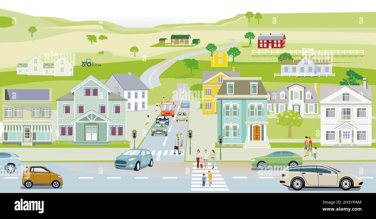 Vorort mit Häusern und Verkehr, Fußgänger im Dorf, Illustration Stockfoto