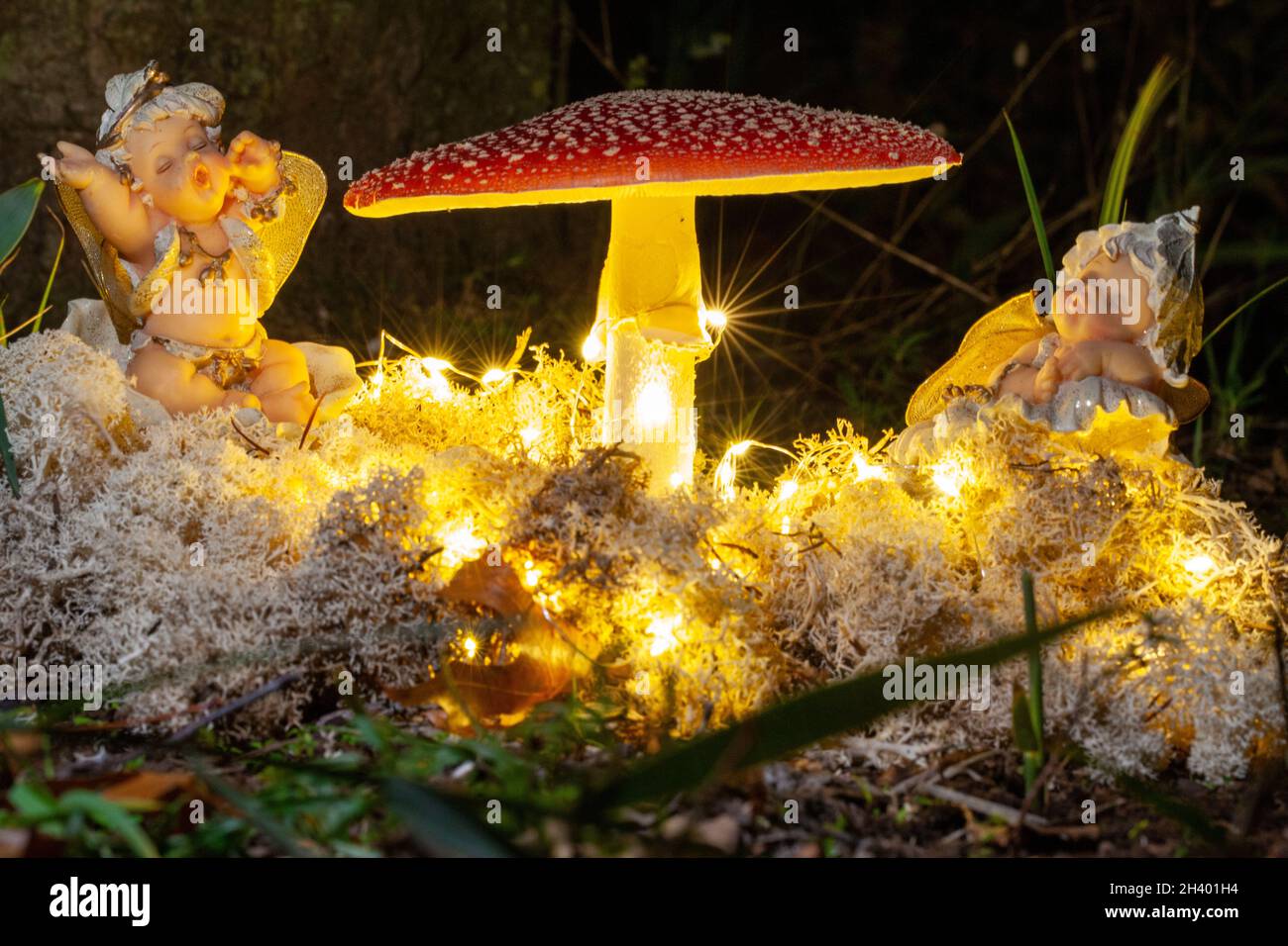 Fantasy Magische Pilze und Elfen im verzauberten Märchen verträumter Elfwald mit fabelhaftem Märchenmoos und Lichtern auf Mysterio Stockfoto
