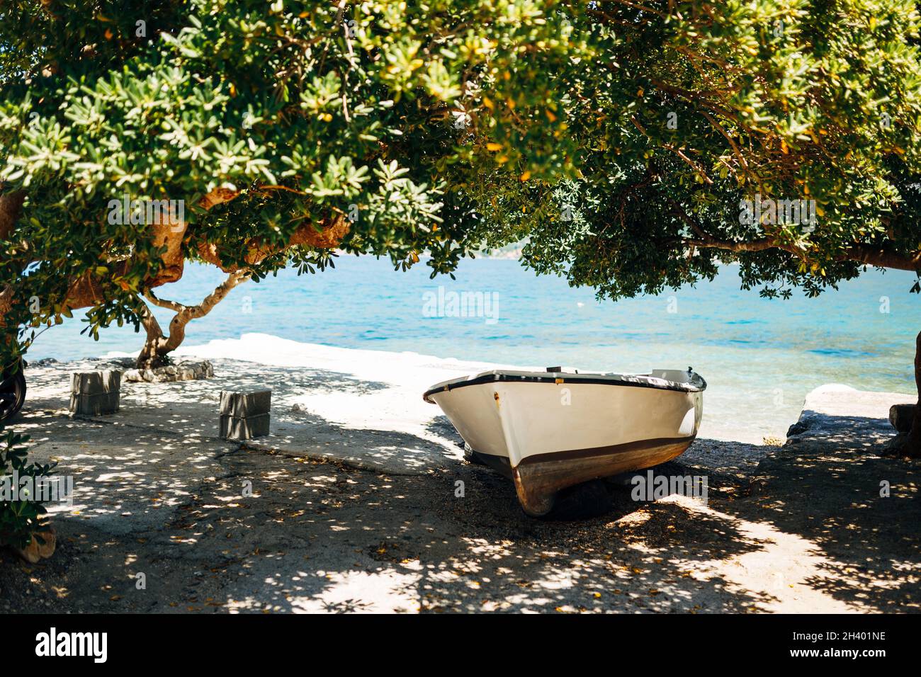 Fischerboot am Ufer im Schatten unter den Ästen von Bäumen an einem sonnigen Tag. Stockfoto