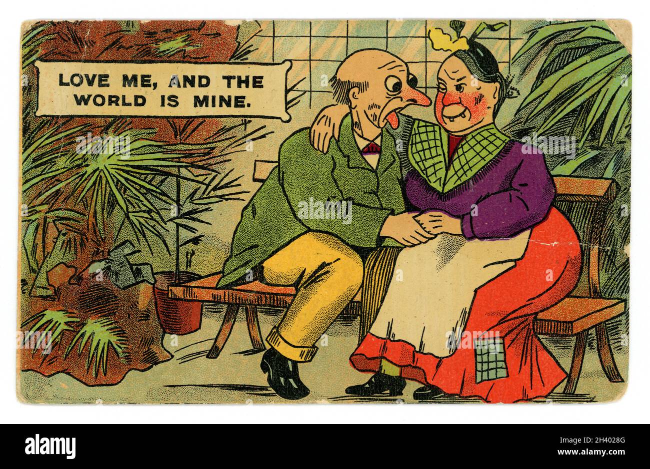 Original Edwardian Comic Cartoon Postkarte, aktuell für die Zeit. Das Kunstwerk zeigt ein unattraktives älteres reifes Paar, das umwirbt. Die Inschrift „Love Me and The World is Mine“ ist der Titel eines beliebten Liebesliedes von Ernest R. Ball und Dave Reed, Jr. aus dem Jahr 1906, veröffentlicht am 1909. April Stockfoto