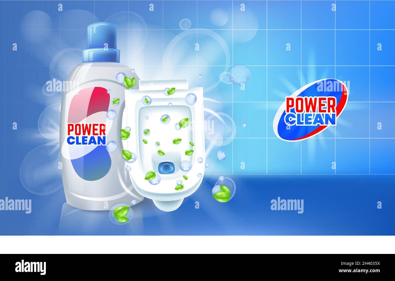 Toilettenreiniger-Gel-Anzeigen. Vektor realistische Abbildung mit Draufsicht auf Toilette. Stock Vektor