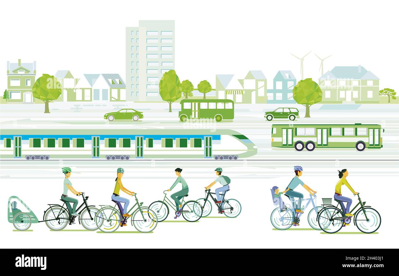 Ökologische Stadt mit Radfahrern und Personenzug Stockfoto