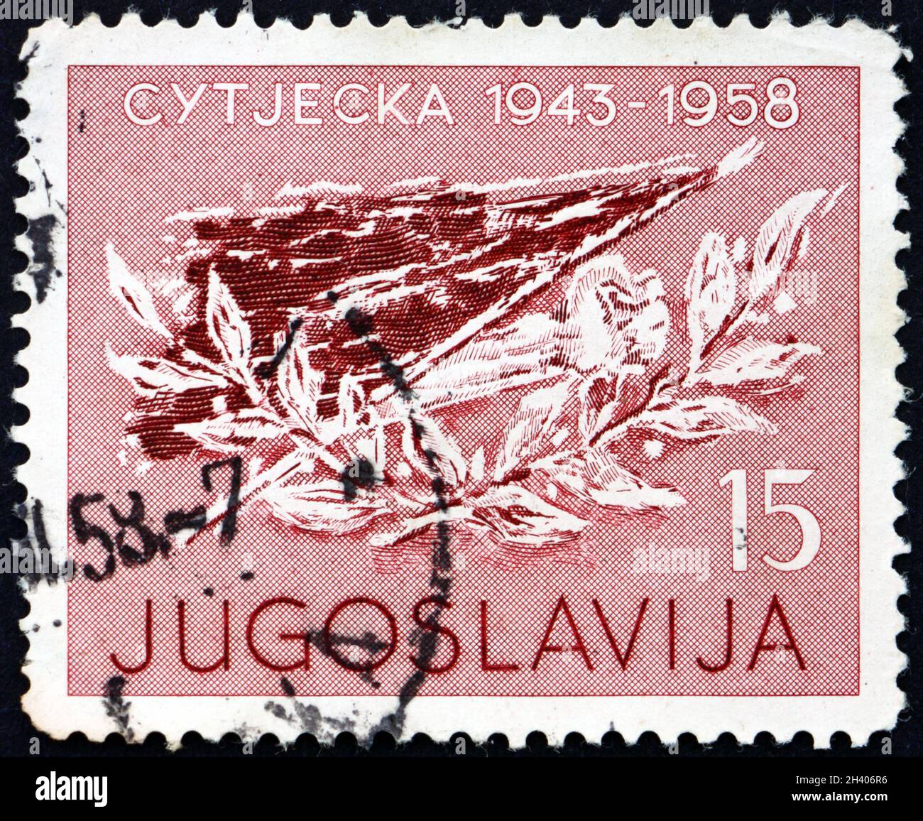 JUGOSLAWIEN UM 1958 Eine in Jugoslawien gedruckte Marke zeigt Flagge