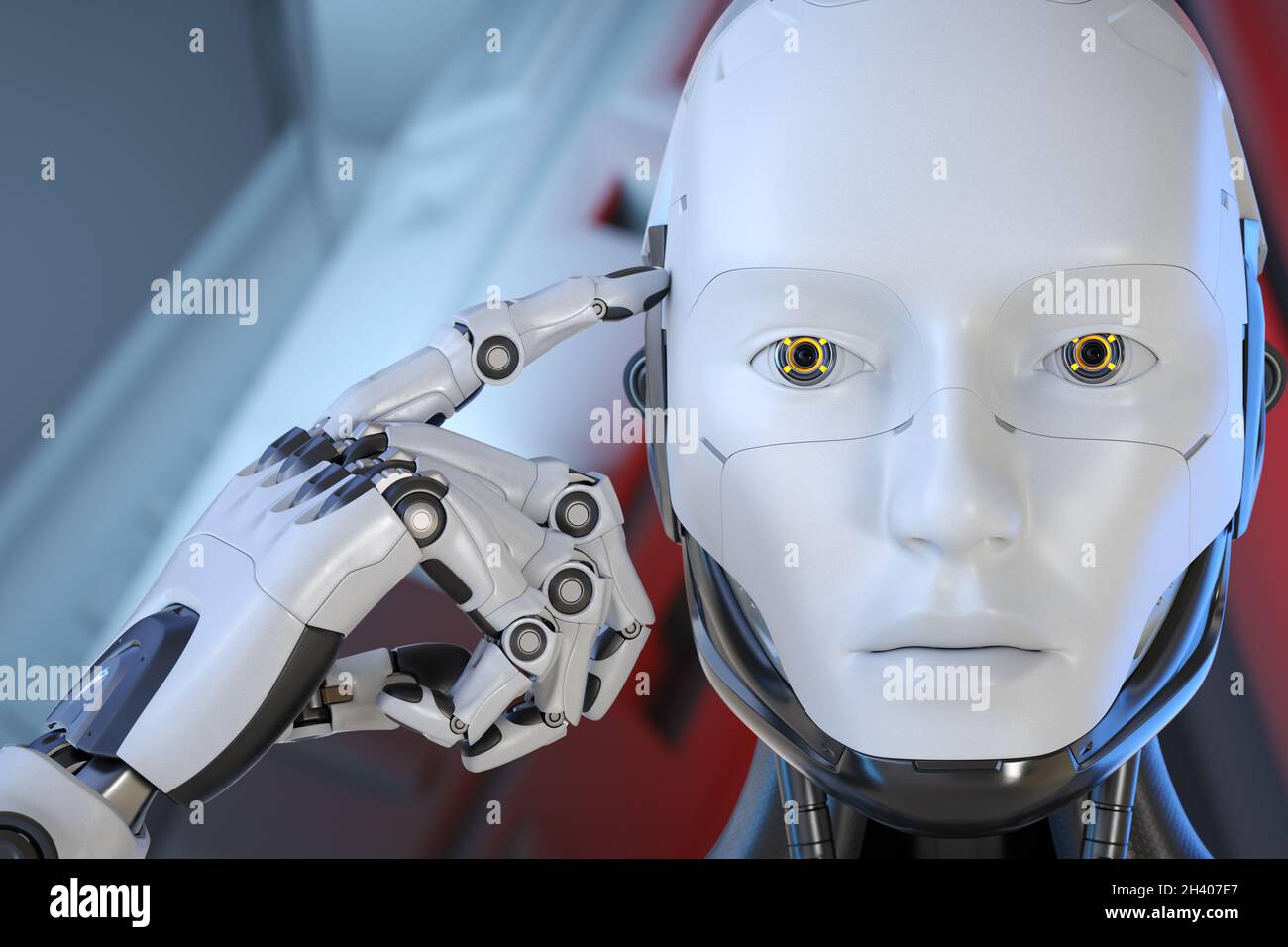 Robot regt zum Nachdenken an. 3D-Illustration Stockfoto