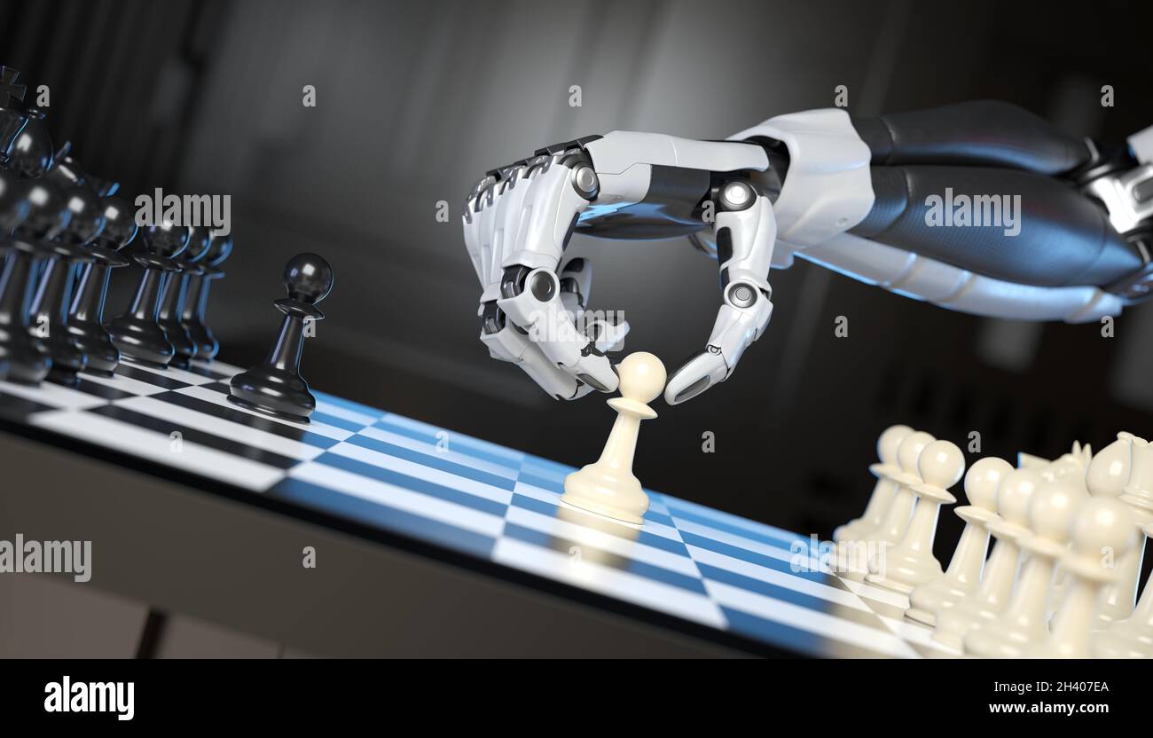Sci-Fi Cyborg spielt ein Schachspiel. 3D-Illustration Stockfoto