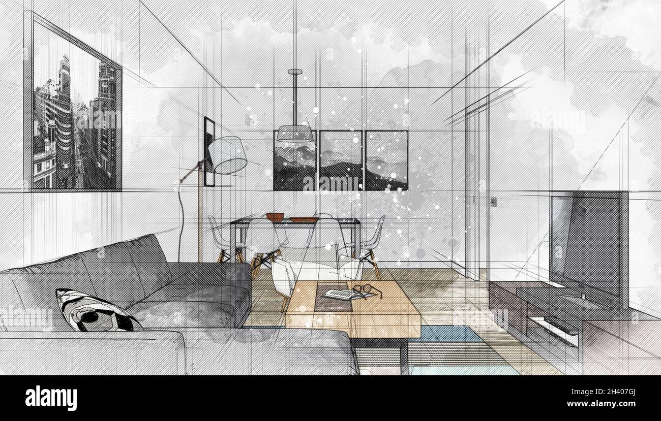 Computergeneriertes Bild eines Wohnzimmers. Architekturdarstellung Skizzieren. Immobilien- und Technologiekonzepte Stockfoto Computergeneriertes Bild eines Wohnzimmers. Architekturdarstellung Skizzieren. Immobilien- und Technologiekonzepte Stockfoto