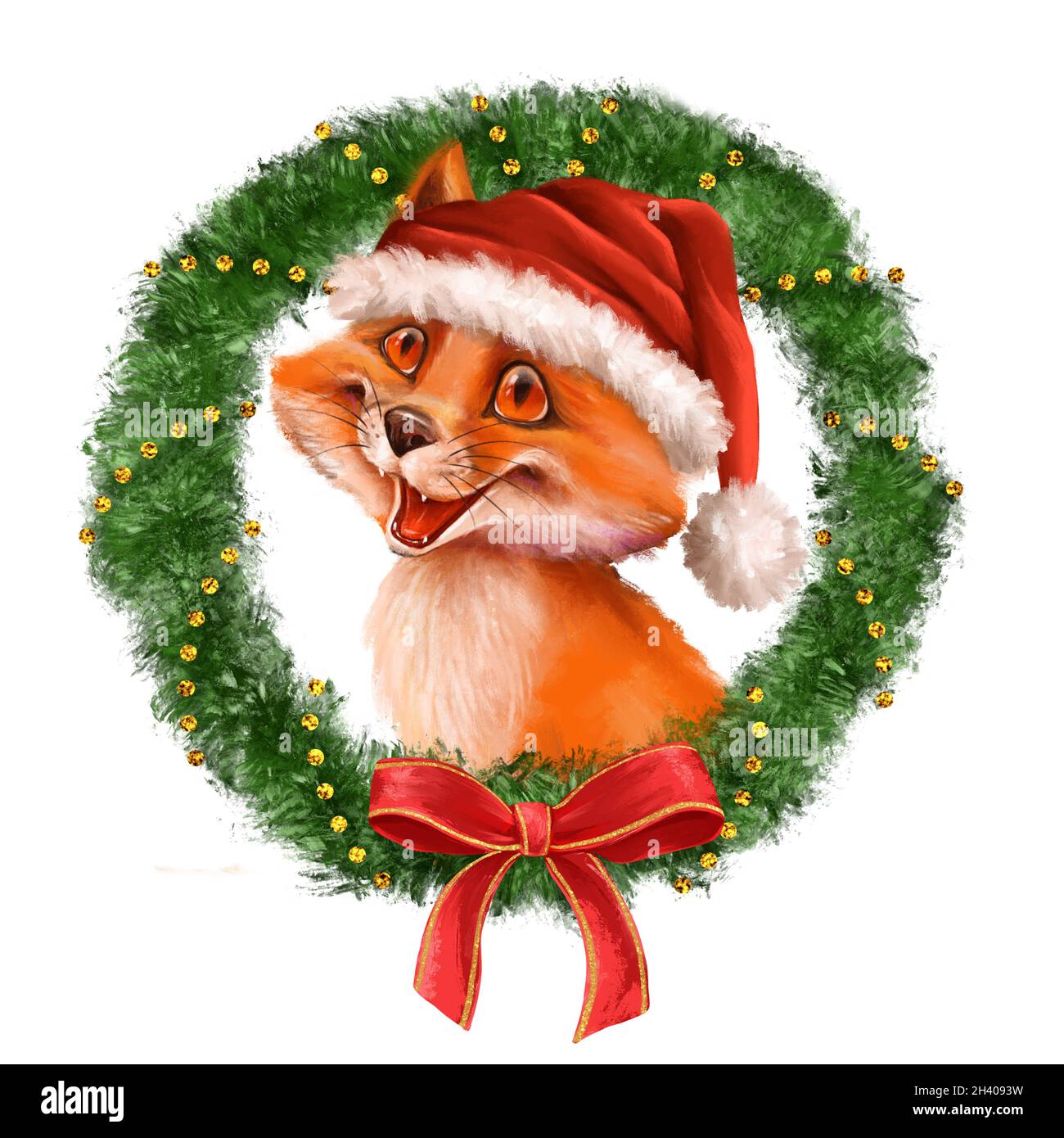 Fuchs Tier in roten weihnachtsmütze. Weihnachtliche Illustration mit Kranz. Stockfoto