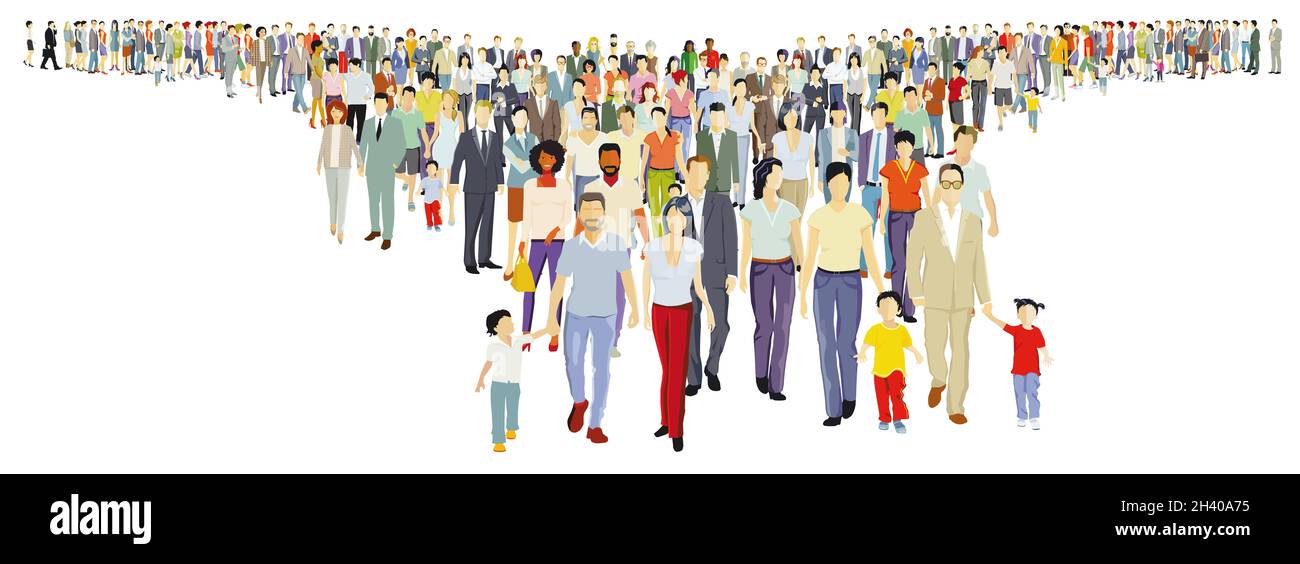 Eine große Gruppe von Menschen tritt vor weißem Hintergrund. Stockfoto