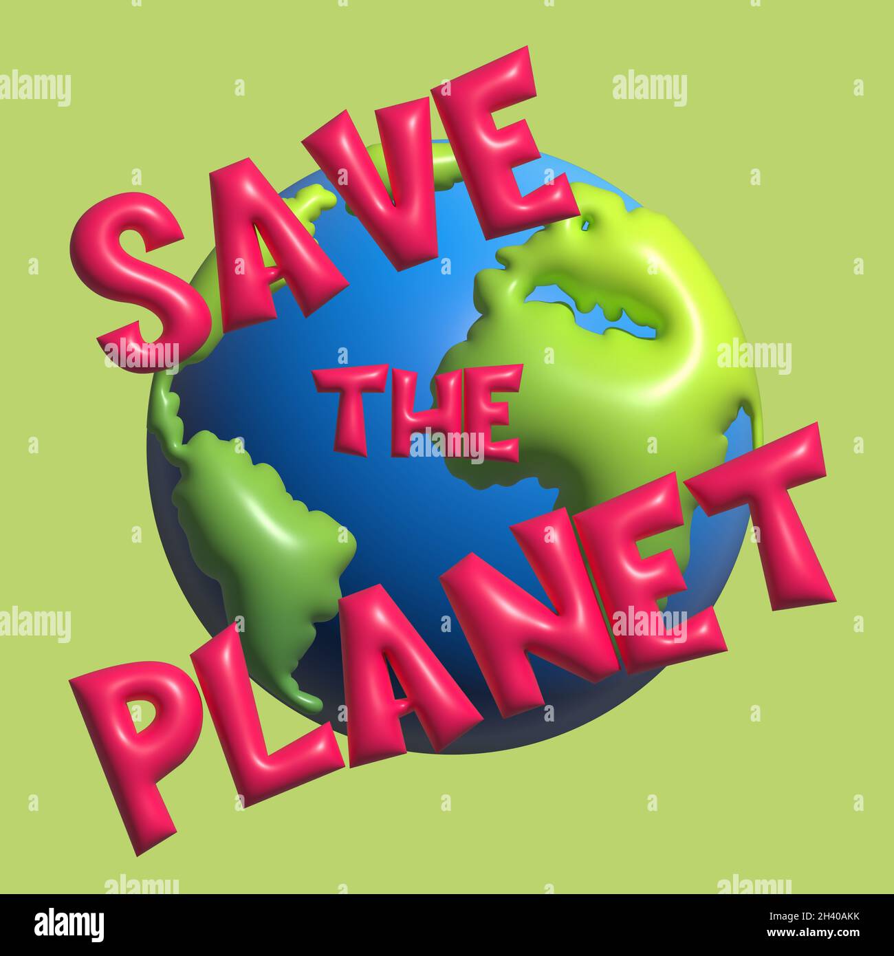 3D Rettet den Planeten, Ökologie Öko Umweltschutz, Klimawandel, COP26, Planet mit 3D Text Illustration isoliert auf grünem Hintergrund. Stockfoto