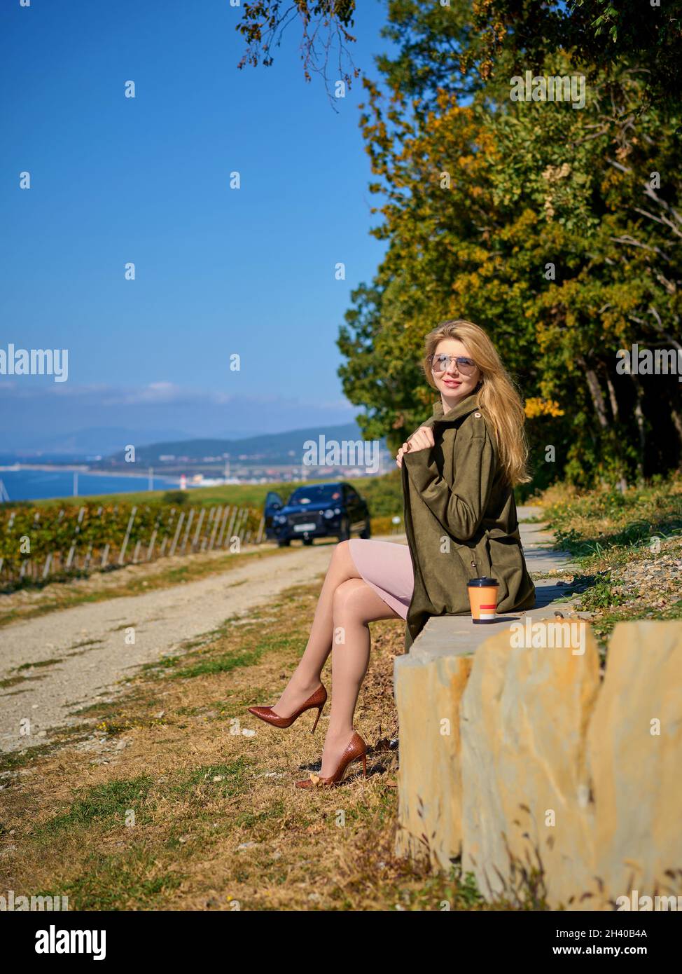 Eine schöne Frau im Park geht mit ihrem Rücken an einem sonnigen Tag unter Birken mit gelben Blättern, sie ist in einem stilvollen Herbstbild in einem Mantel und bere Stockfoto