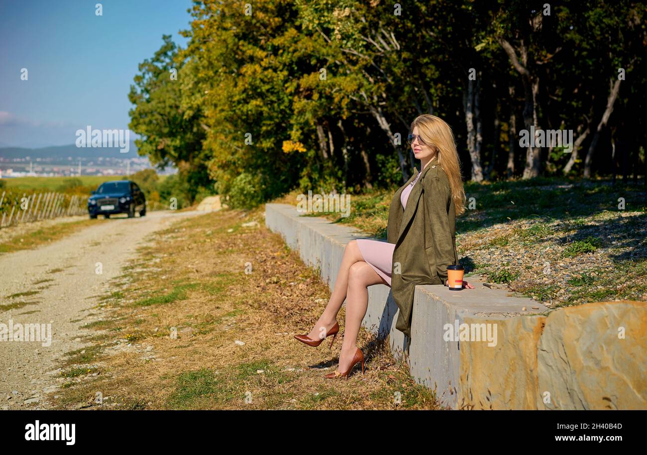 Eine schöne Frau im Park geht mit ihrem Rücken an einem sonnigen Tag unter Birken mit gelben Blättern, sie ist in einem stilvollen Herbstbild in einem Mantel und bere Stockfoto