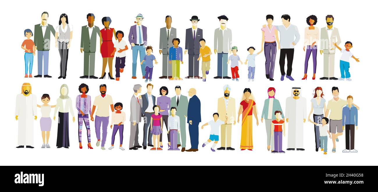 Große Gruppe von verschiedenen Familien, isoliert - Illustration Stockfoto
