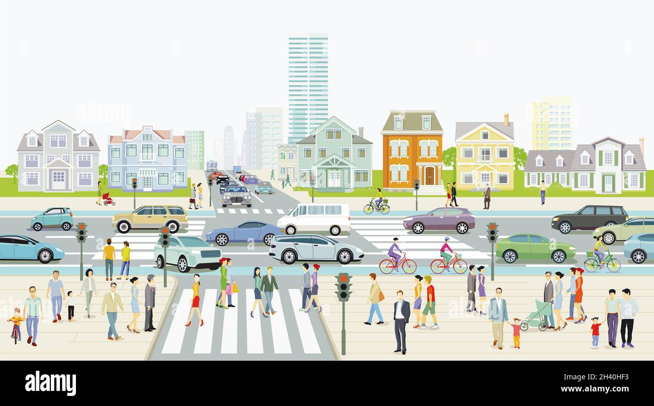 Stadt mit Straßenverkehr, Wohnhäusern und Fußgängern am Zebrastreifen Illustration Stockfoto