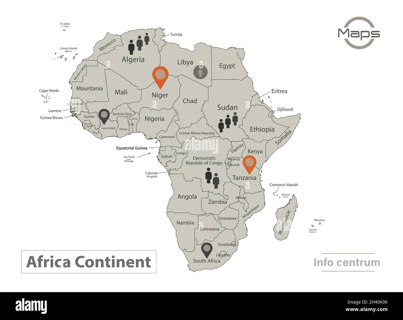 Afrika-Karte, einzelne Bundesstaaten mit Namen, Infografiken und Symbolvektoren Stock Vektor