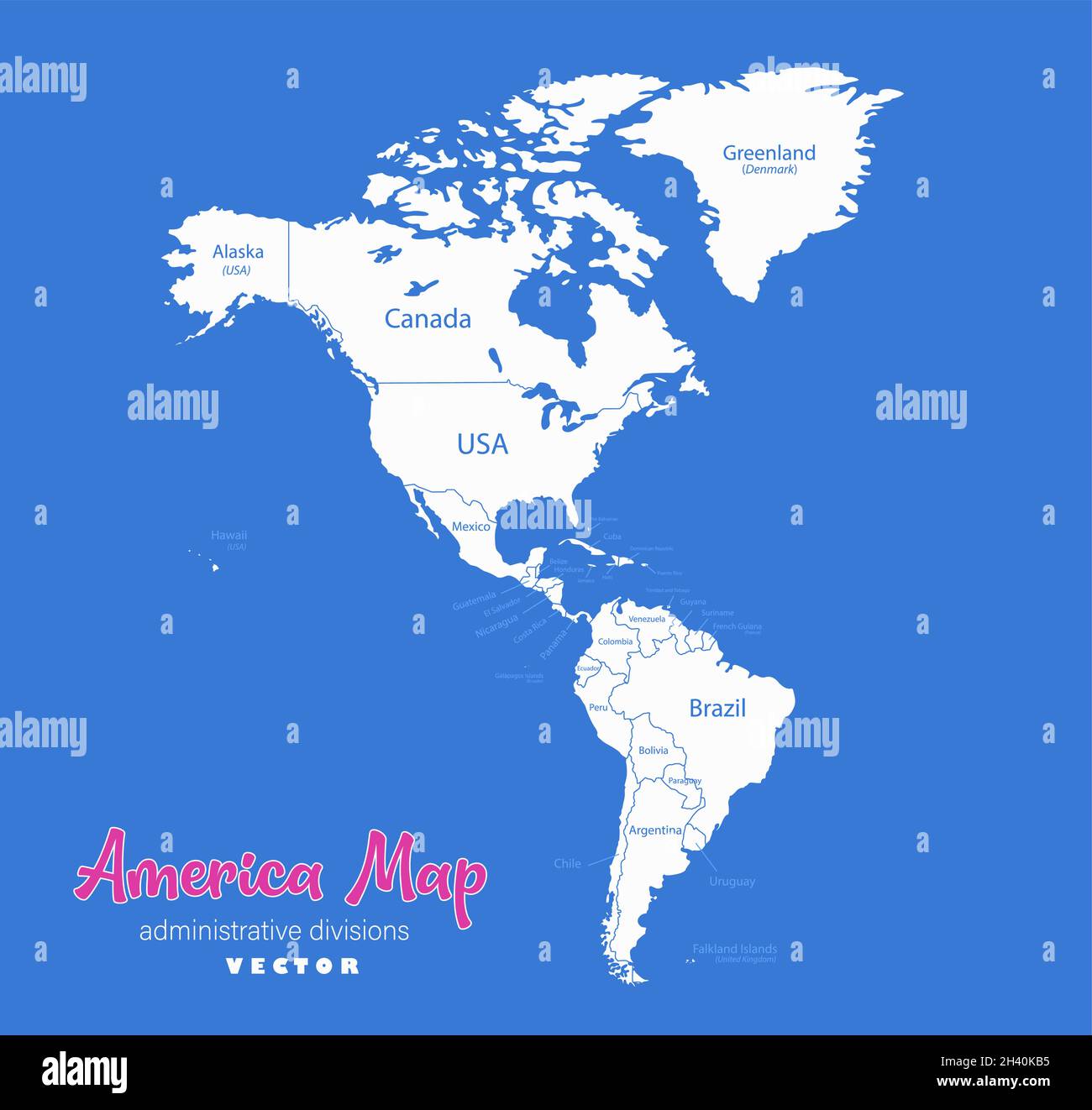 Amerika-Karte, separate Staaten mit Namen, blauer Hintergrund-Vektor Stock Vektor