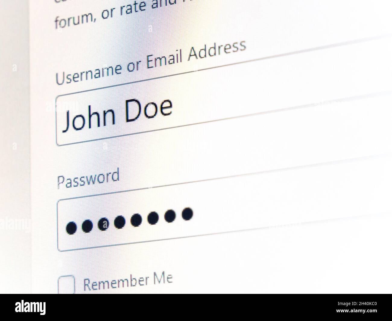 John Doe gefälschte Benutzername Login und Passwort private Konto Anmeldeinformationen Einfache Authentifizierung abstraktes Konzept, niemand, Computer-Monitor-Anzeige Nahaufnahme Stockfoto