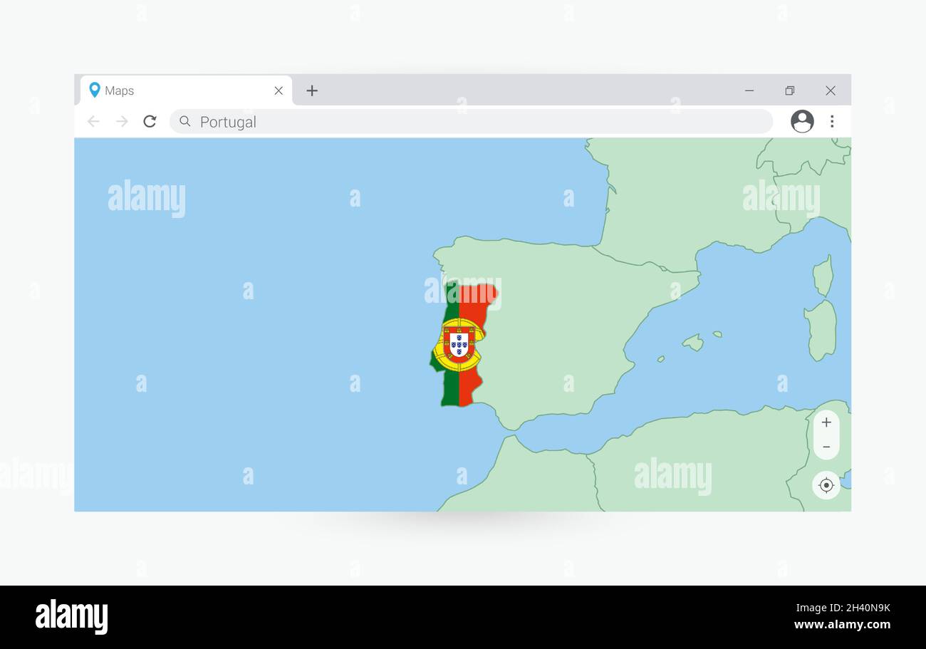 Browser-Fenster mit Karte von Portugal, Suche Portugal im Internet. Moderne Browserfenster-Vorlage. Stock Vektor