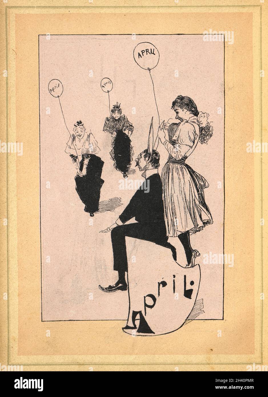 Viktorianischer Zeichentrickfilm, Tag des Aprilscherzens, Mädchen, das Streich an einem Mann spielt, Caviar Kalender, 1893, 19. Jahrhundert Stockfoto