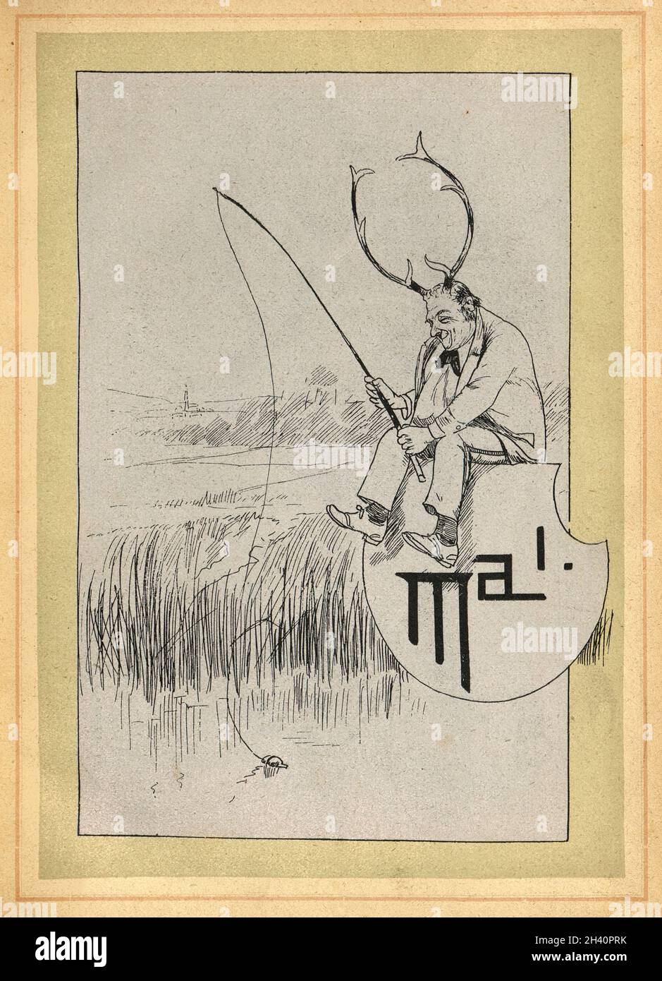 Viktorianischer Cartoon, Reife Frau mit Geweih im Fluss fischen, Jagd, Kaviar Kalender, Mai, Deutsch, 19. Jahrhundert 1893 Stockfoto