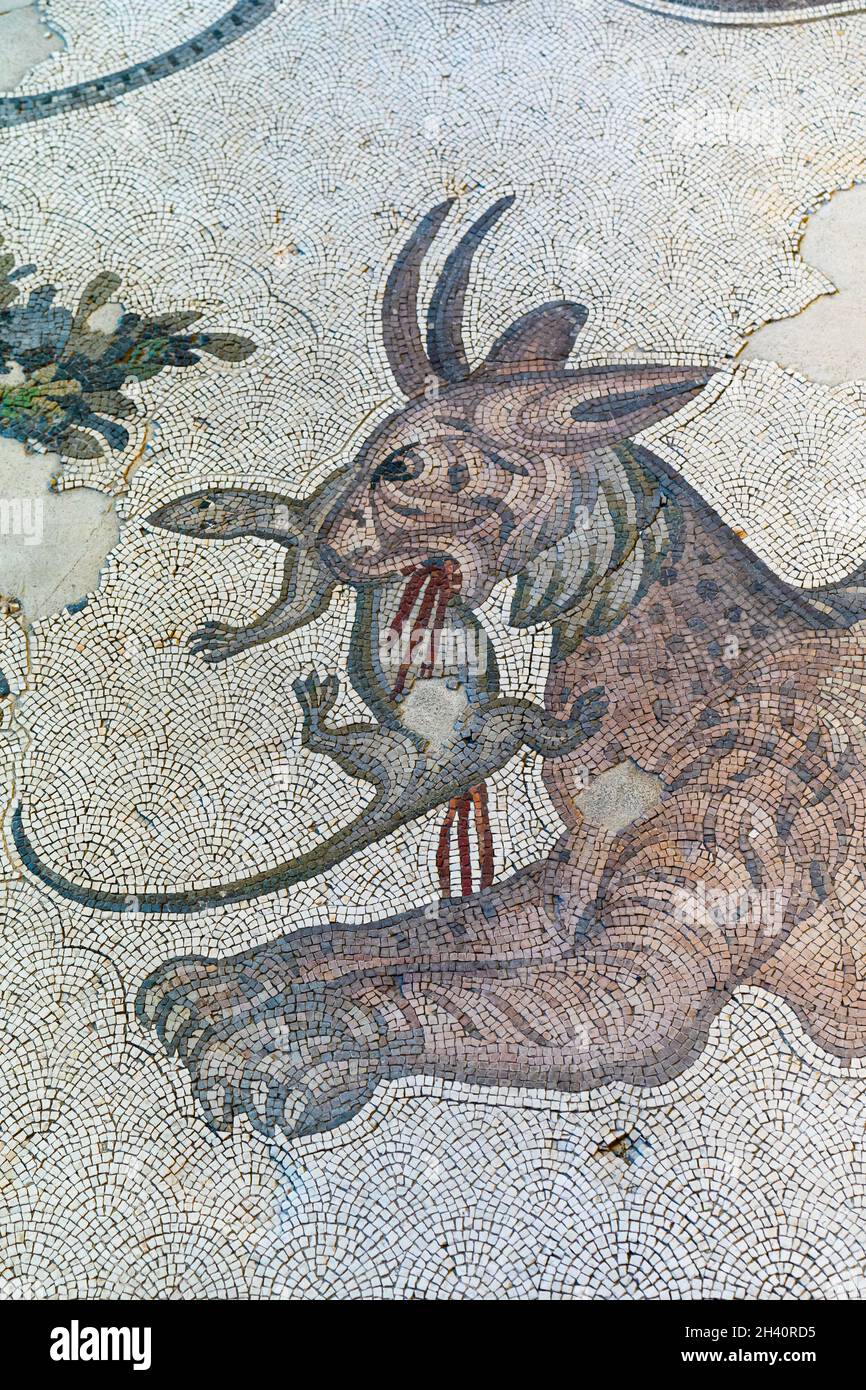 ISTANBUL, TÜRKEI - 17. JULI 2021: Szene mit einem fantastischen Tier, das im Mund eine Eidechse mit Mosaiksteinen trägt, im Museum des Großen Palastes M Stockfoto