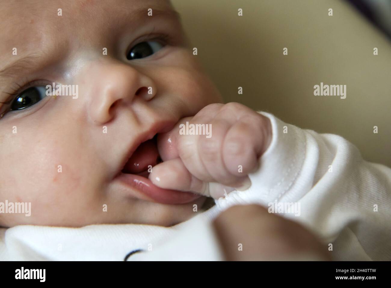 Das Portraitbild des Babys, das seine Hände saugt. Seinen Körper erforschen, seine Sinne entwickeln oder Zähne wachsen lassen. Stockfoto
