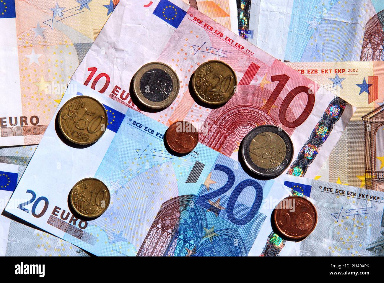 Euro-Münzen und Babk-Banknoten, Spanien. Stockfoto