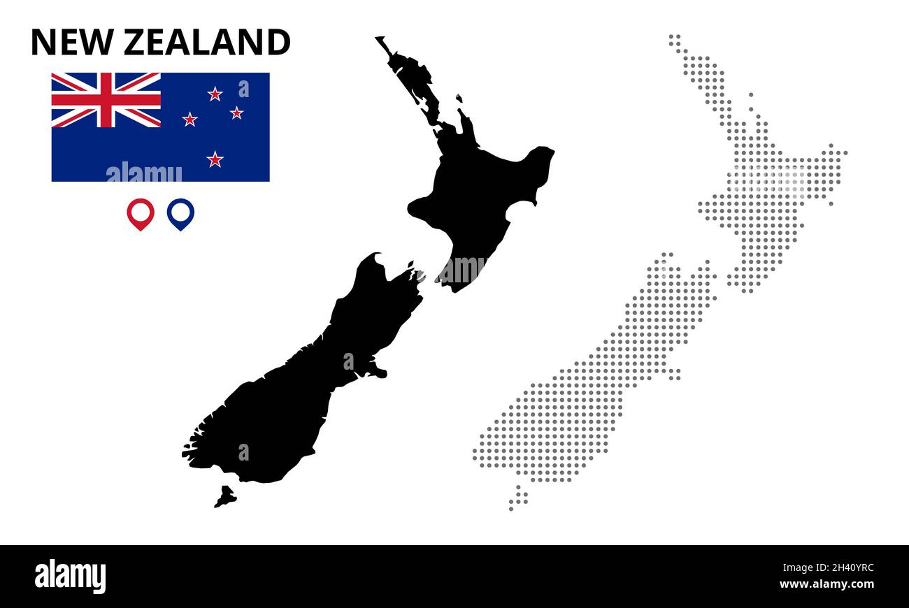 Karte der neuseeländischen Silhouette. Neuseeland-Karte gepunktet. neuseeländische Flagge Stock Vektor