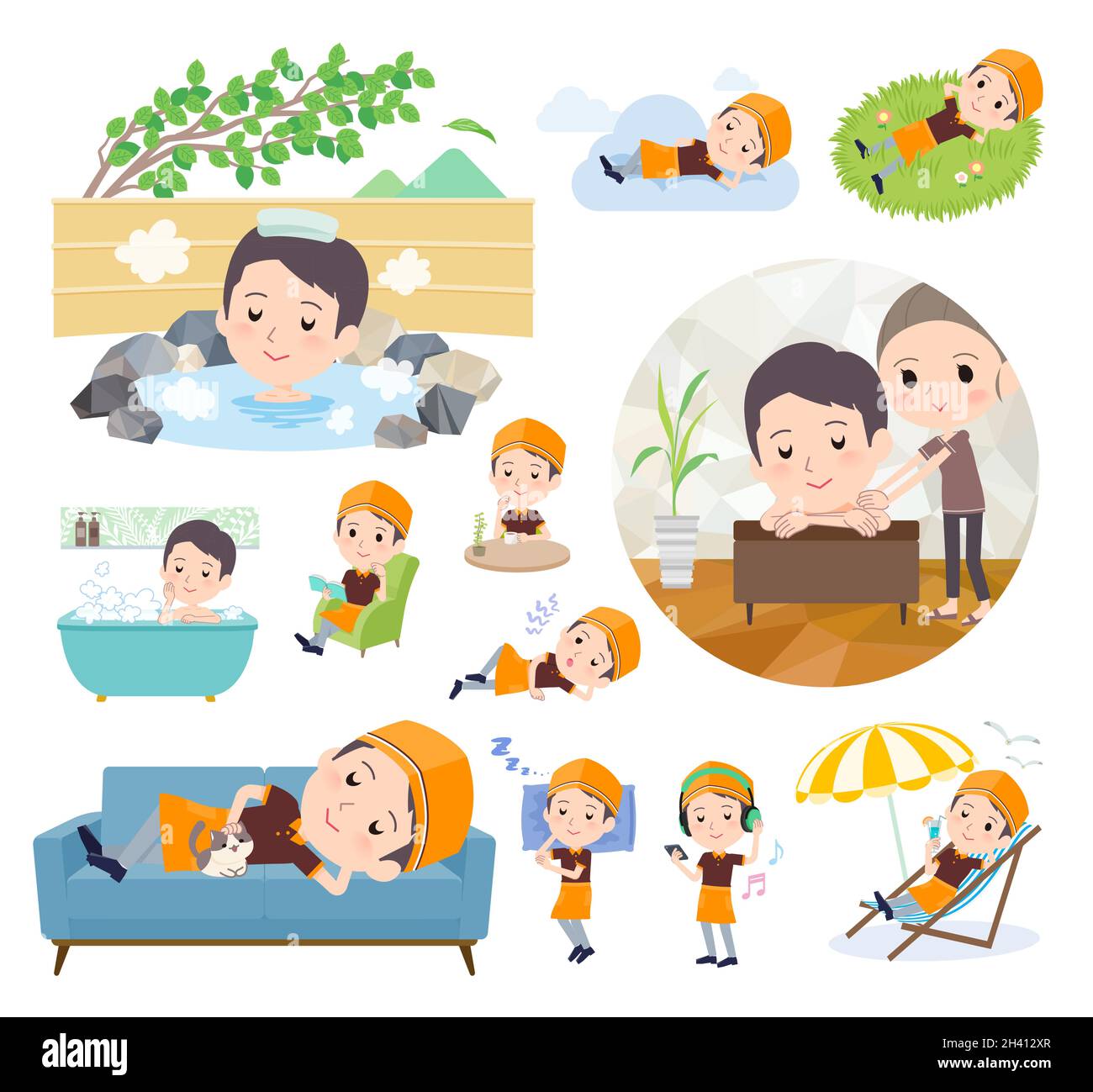 Eine Reihe von Fast-Food-Mitarbeiter Mann über entspannend.IT 's Vektor-Kunst so einfach zu bearbeiten. Stock Vektor