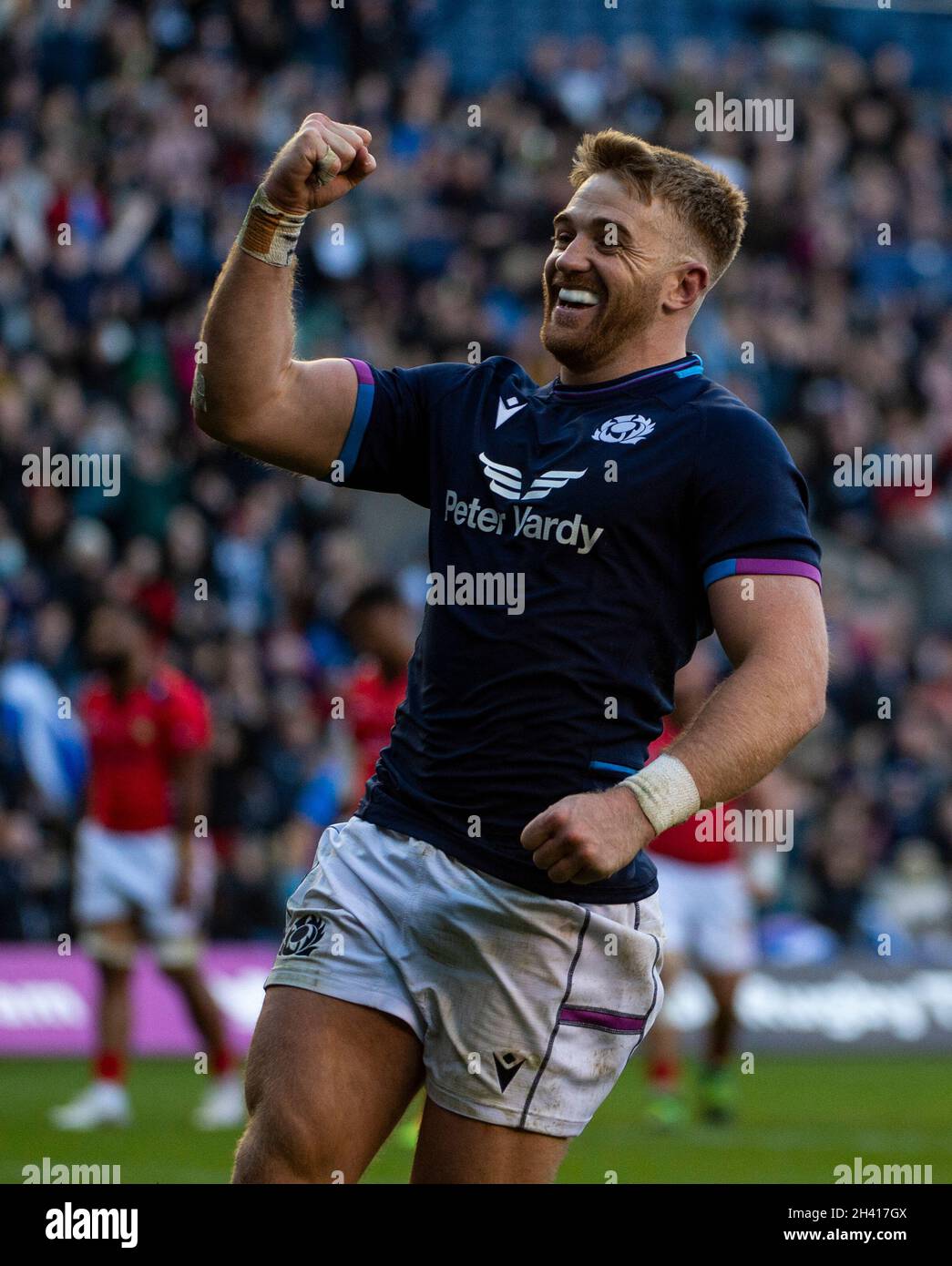 Autumn Nations Series - Schottland / Tonga. Oktober 2021. Schottland ist Gastgeber des ersten Spiels der Autumn Nations Series 2021 im Murrayfield Stadium, Edinburgh, Schottland. VEREINIGTES KÖNIGREICH. Bild zeigt: Der rechte Flügel von Schottland, Kyle Steyn, erzielt seinen vierten Versuch des Spiels. Quelle: Ian Jacobs/Alamy Live News Stockfoto