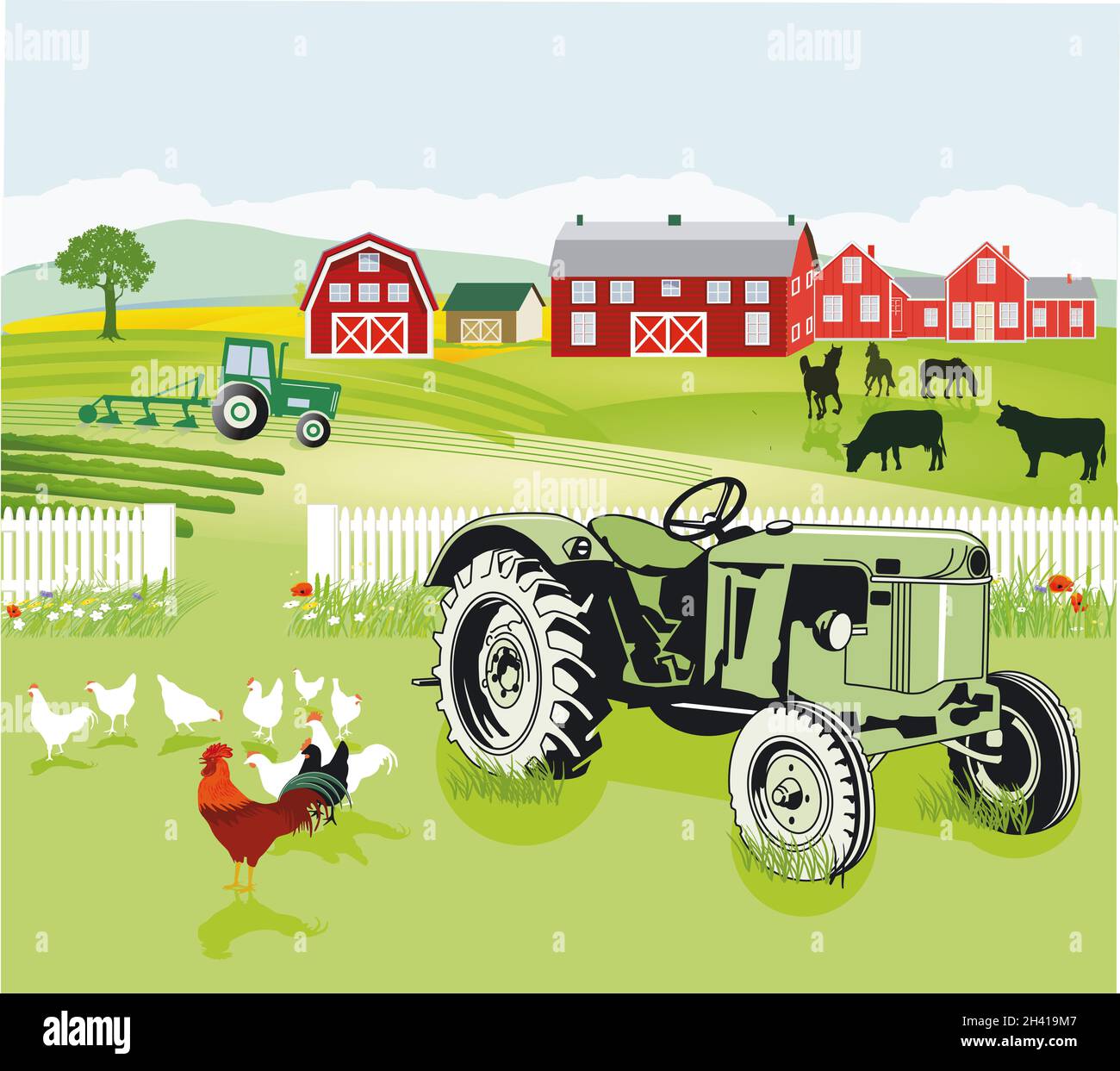 Freundliche Landwirtschaft mit Geflügel, Bauernhaus und Traktor Stockfoto