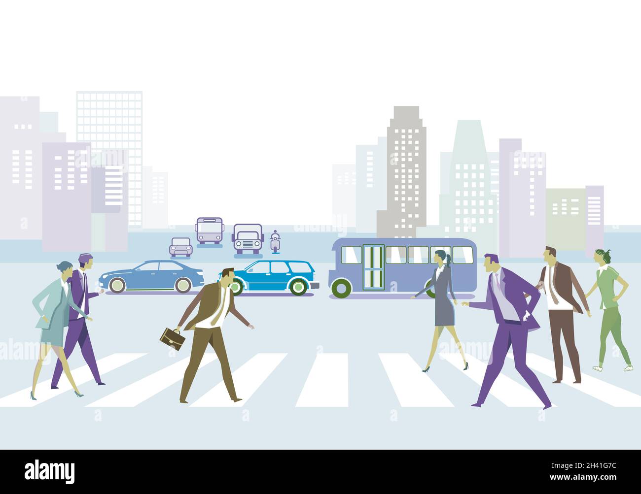 Silhouette der Stadt mit Fußgängern am Zebrastreifen, Illustration Stockfoto