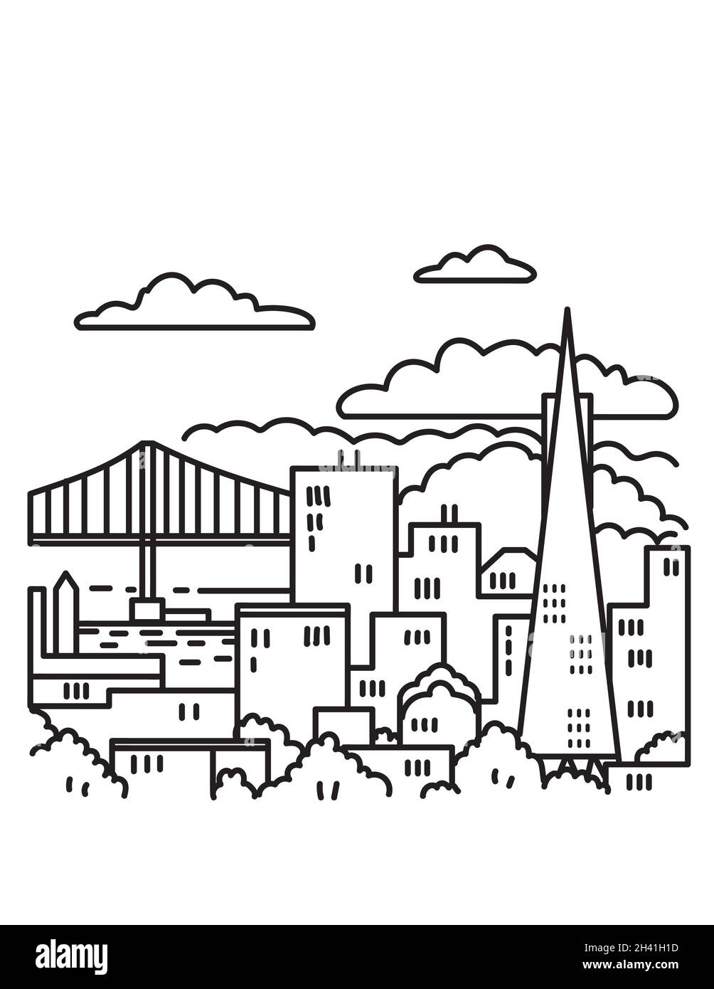 Skyline der Innenstadt von San Francisco mit Golden Gate Bridge in der Bay Area California USA Mono Line Art Poster Stockfoto