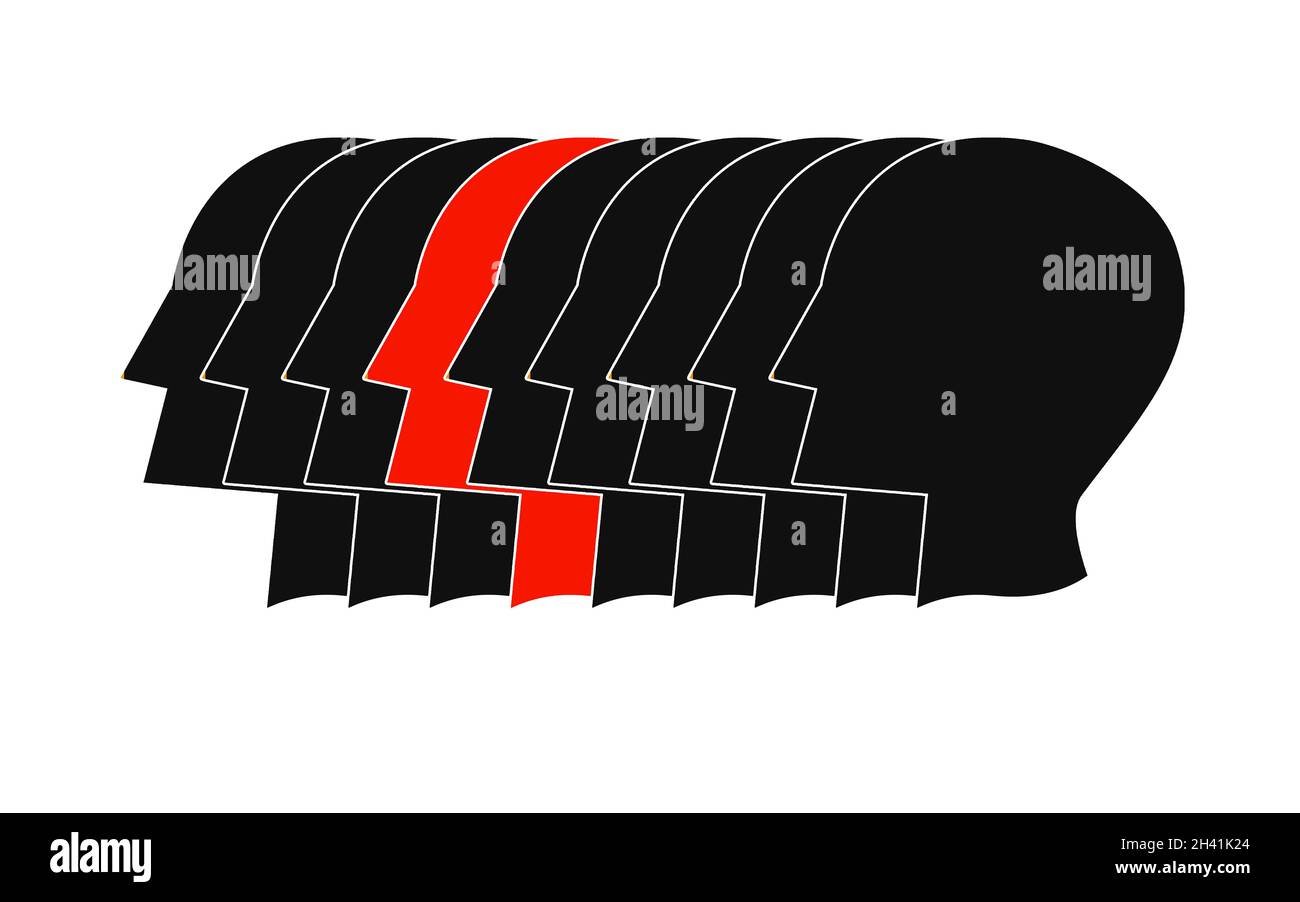 Roter Menschenkopf zwischen schwarzen Reihen Stockfoto