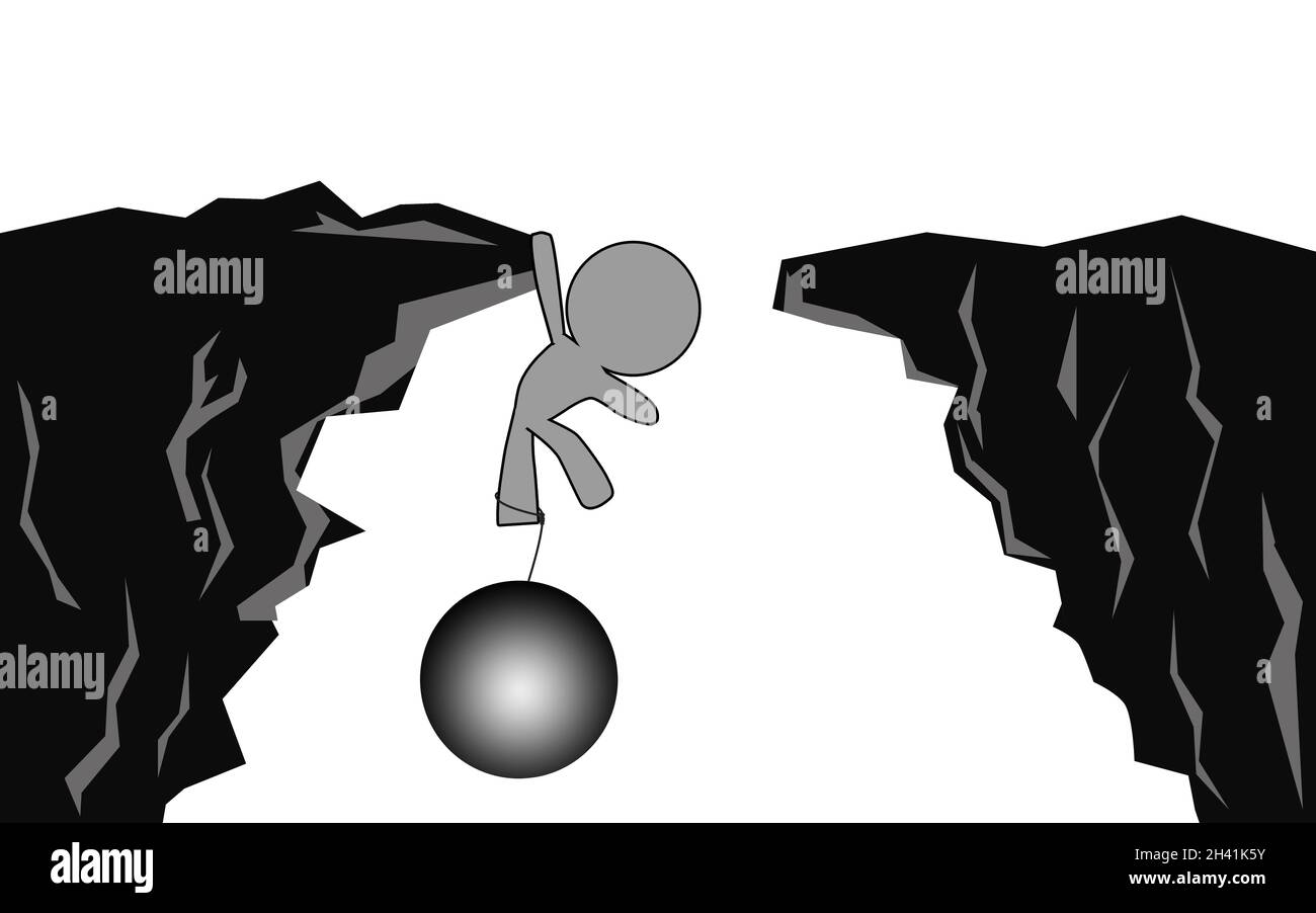 Hängt an einer Klippe mit Metallkugel und Kette Stockfoto