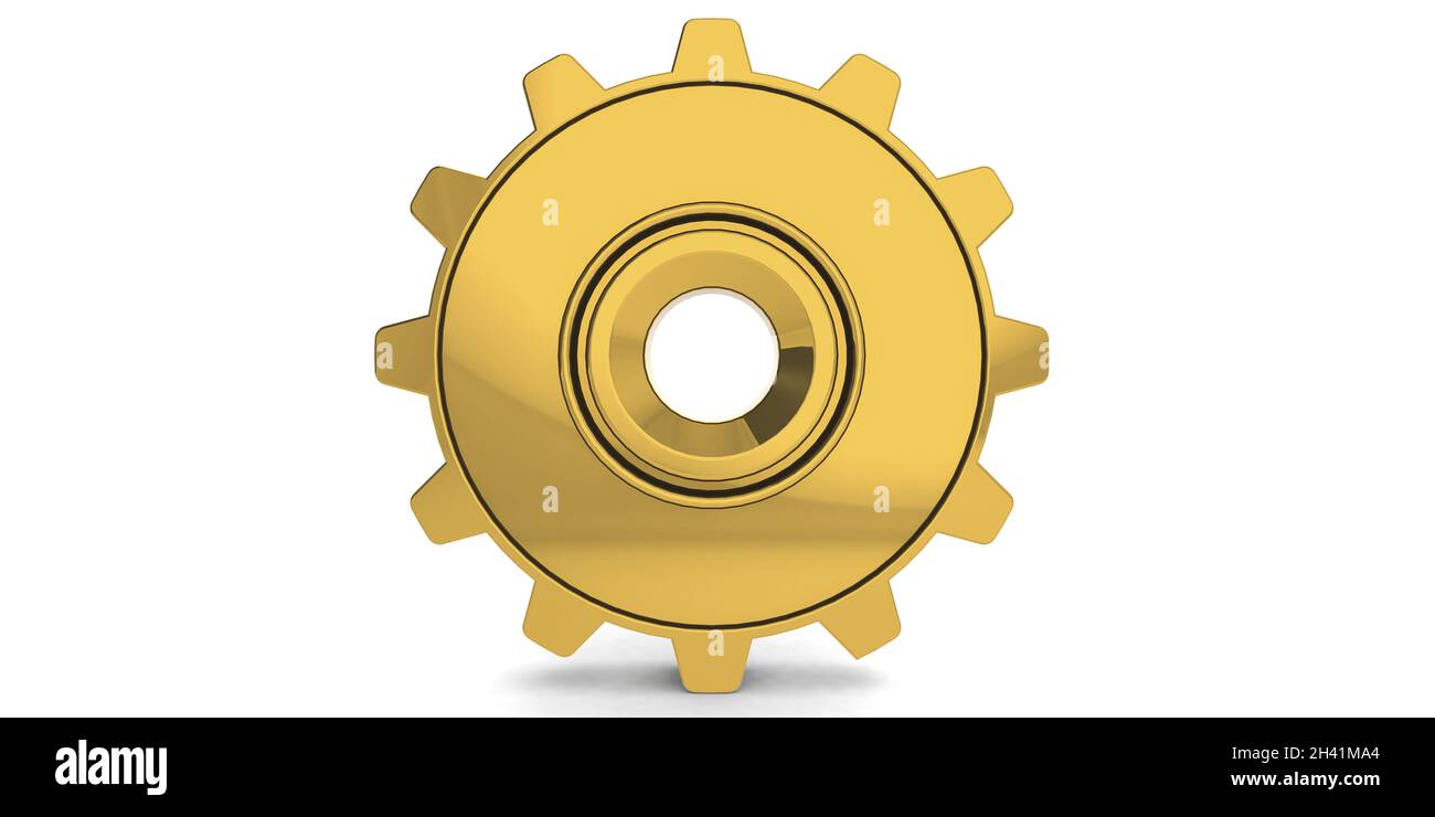 Goldenes Zahnrad isoliert auf weißem Hintergrund Stockfoto