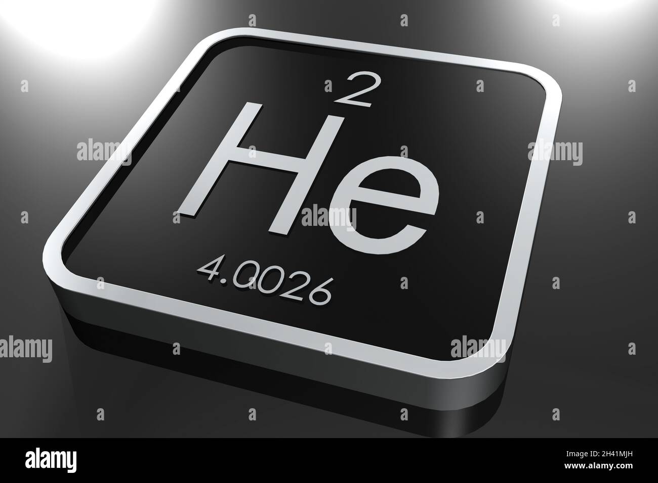 Heliumelement aus Periodensystem auf schwarzem quadratischem Block Stockfoto