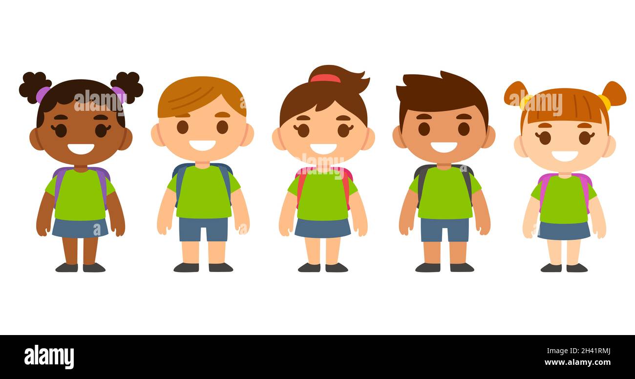 Nette Cartoon diverse Kinder tragen Schuluniform mit Rucksäcken. Verschiedene Nationalitäten. Stock Vektor