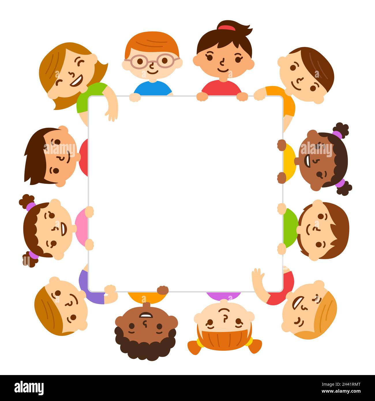 Nette Cartoon verschiedene Kinder mit leeren Text Banner. Eine Gruppe von kleinen Kindern. Vektorgrafik Clip Art Illustration. Stock Vektor